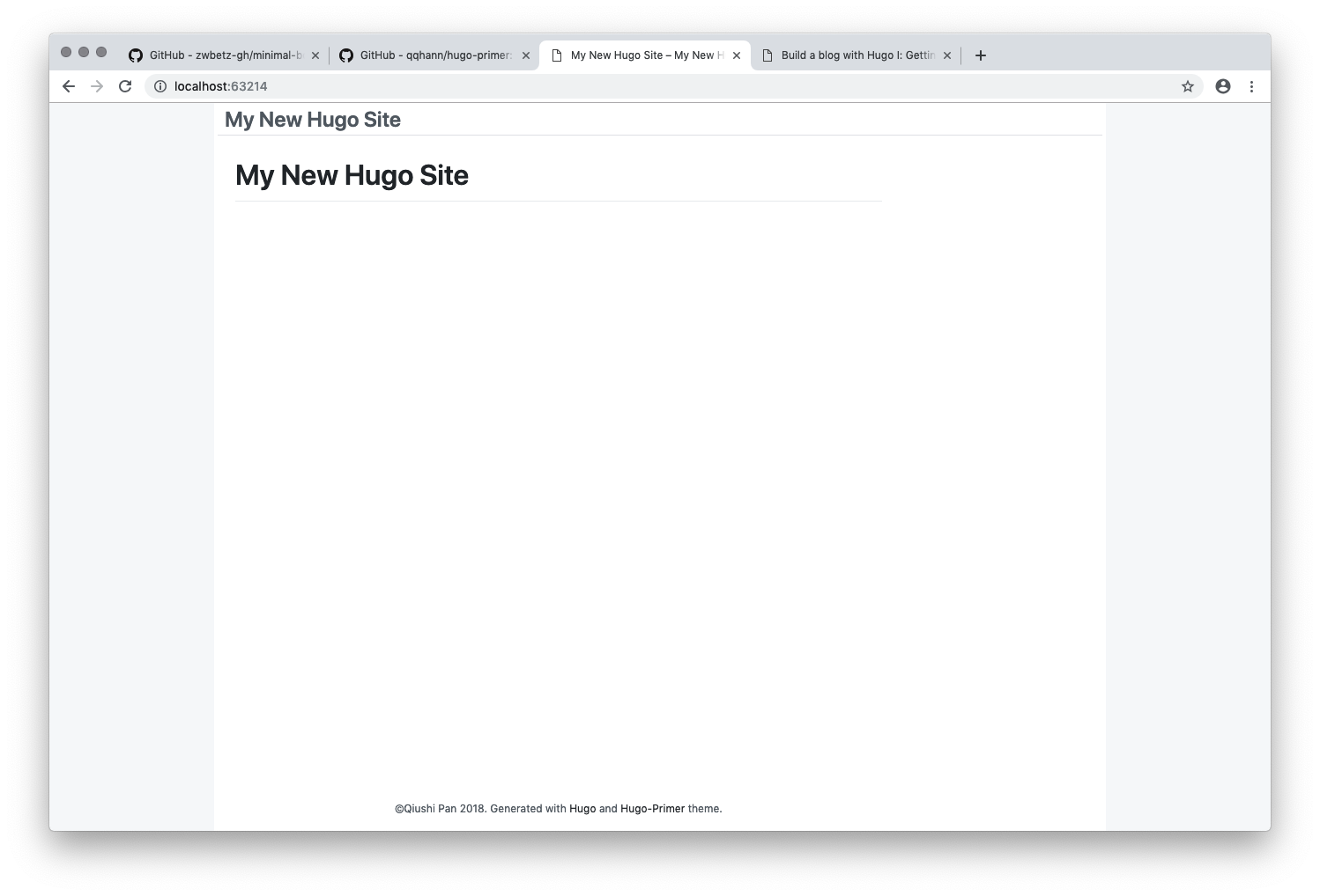Hugo w/ hugo-primer theme but without any content