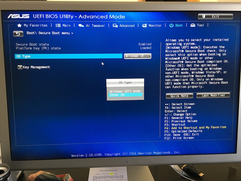 NAS changing trusted boot setting in UEFI BIOS