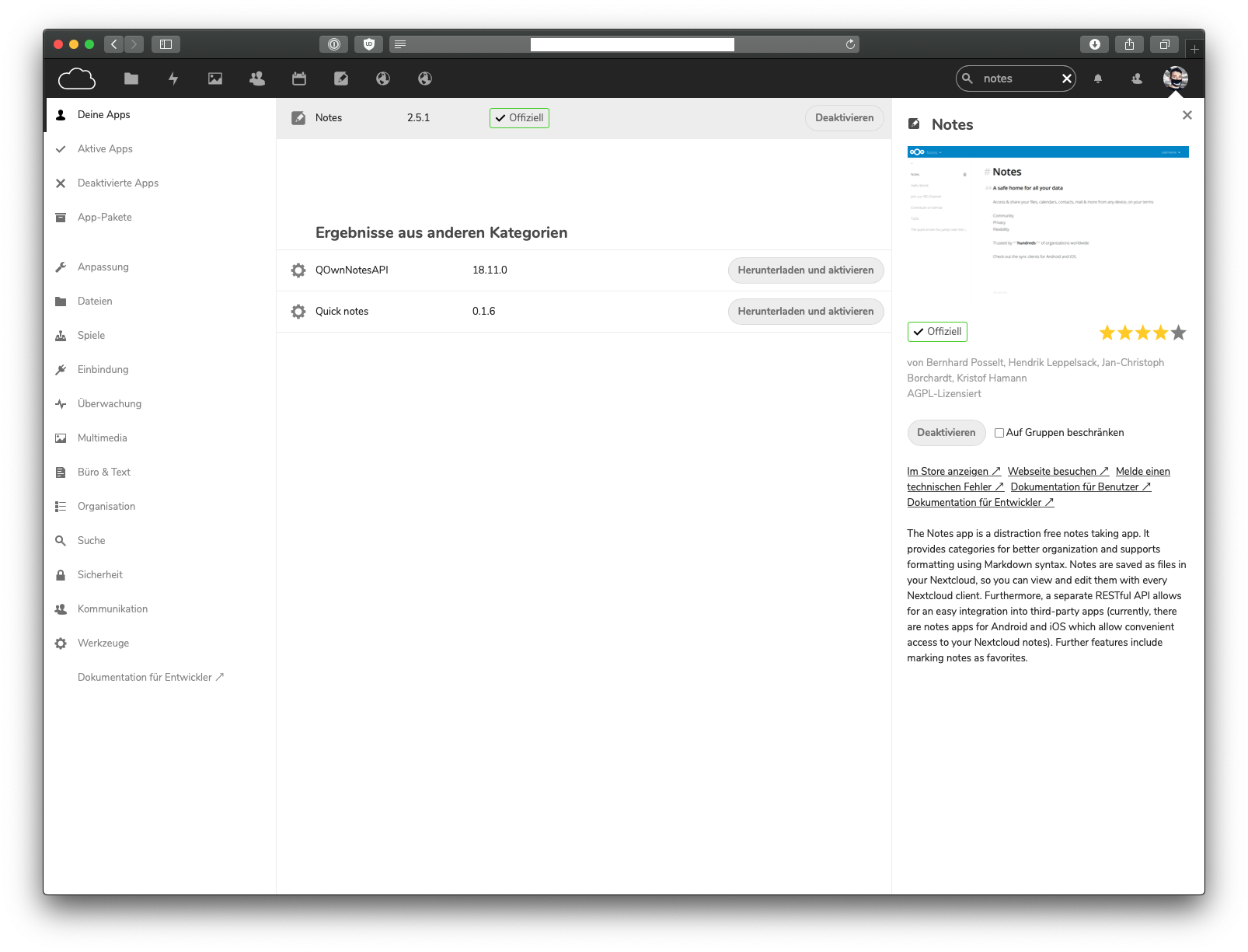 Installing the Notes app in Nextcloud